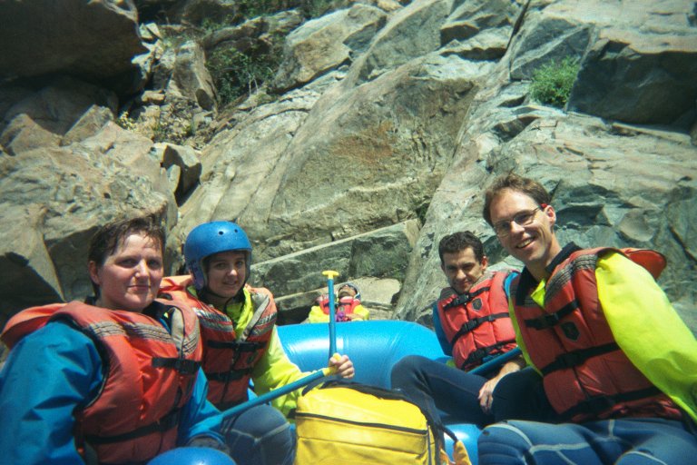 Grit, Eva, Dinesh, Paco, Rob, river rafting on the North Fork American River, California, spring 1998